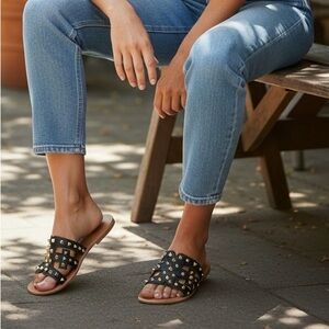 Studded Black Leather Slide Sandals for Women